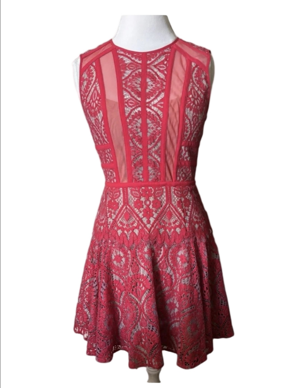 BCBGMaxAzria Red Lace Fit-&-Flare Mini Cocktail Dress Wedding Guest Size 0